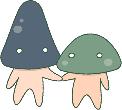 A tall blue mushroom person holds hands with a short green mushroom person.